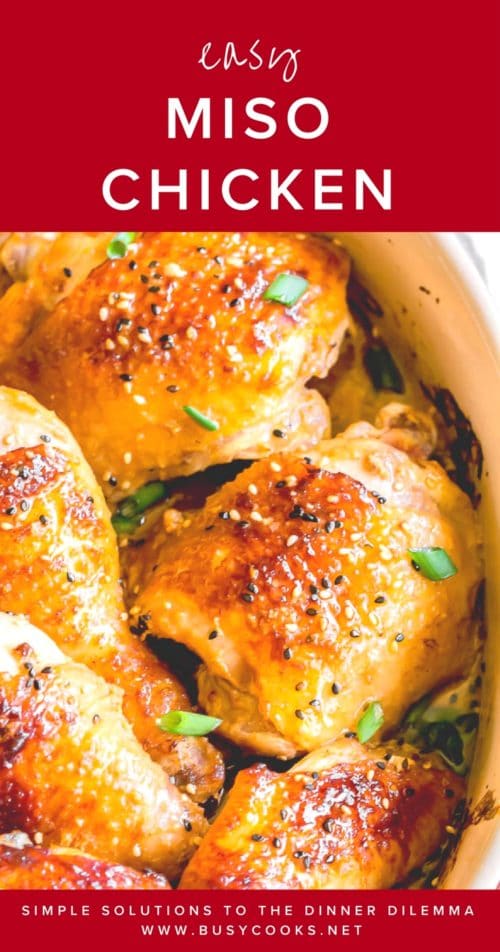 Change up your roasted chicken game a bit with addition of flavorful miso paste into your marinade. It adds delicious savory flavor to anything it touches. Hearty dinner in less than an hour! #familydinnerrecipe #easydinnerrecipe #busycooks #roastedchicken #bakedchickenthighs #misomarinade