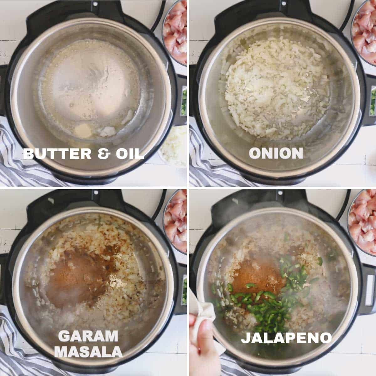 Collage of four images of sauteing garlic, jalapeno and spices in Instant Pot.