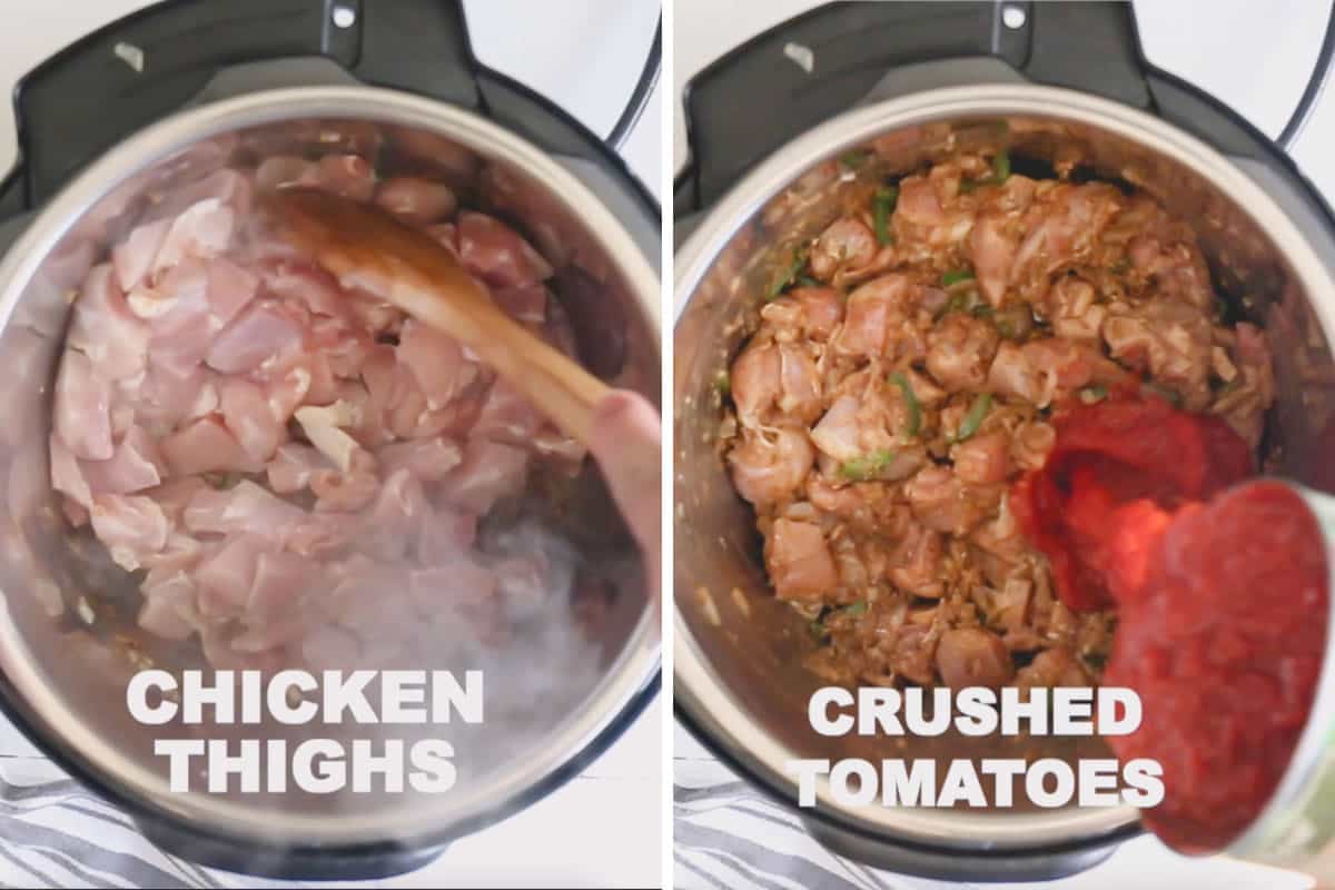 Side by side images of adding chicken cubes and crushed tomatoes into the Instant Pot.