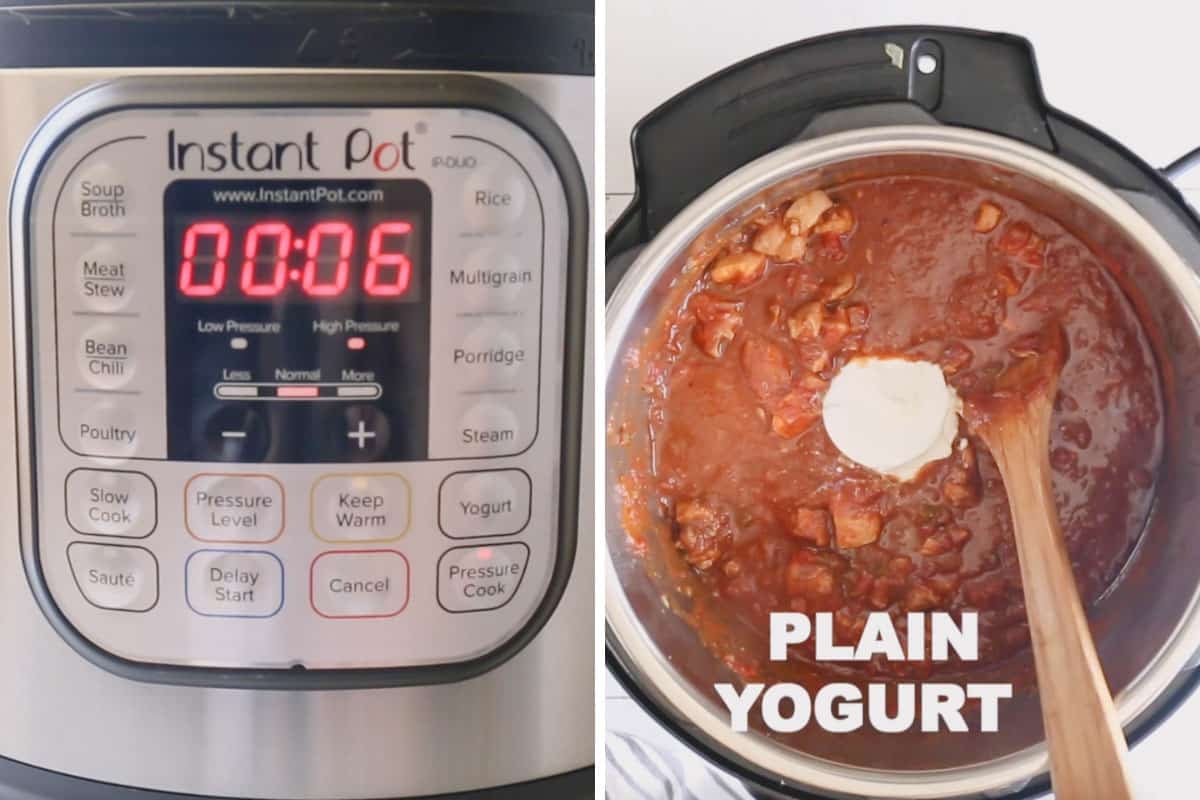 Side by side images of Instant Pot set to 6 minute cook time and adding yogurt to tikka masala.