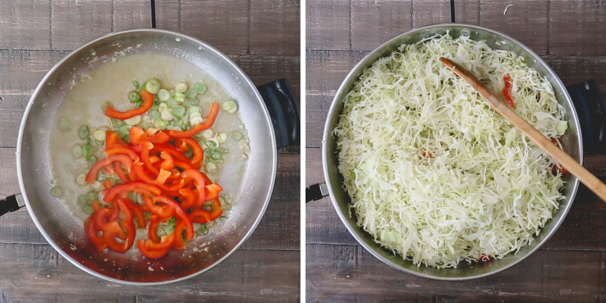 Side by side images of adding pepper and onion and shredded cabbage into the skillet.