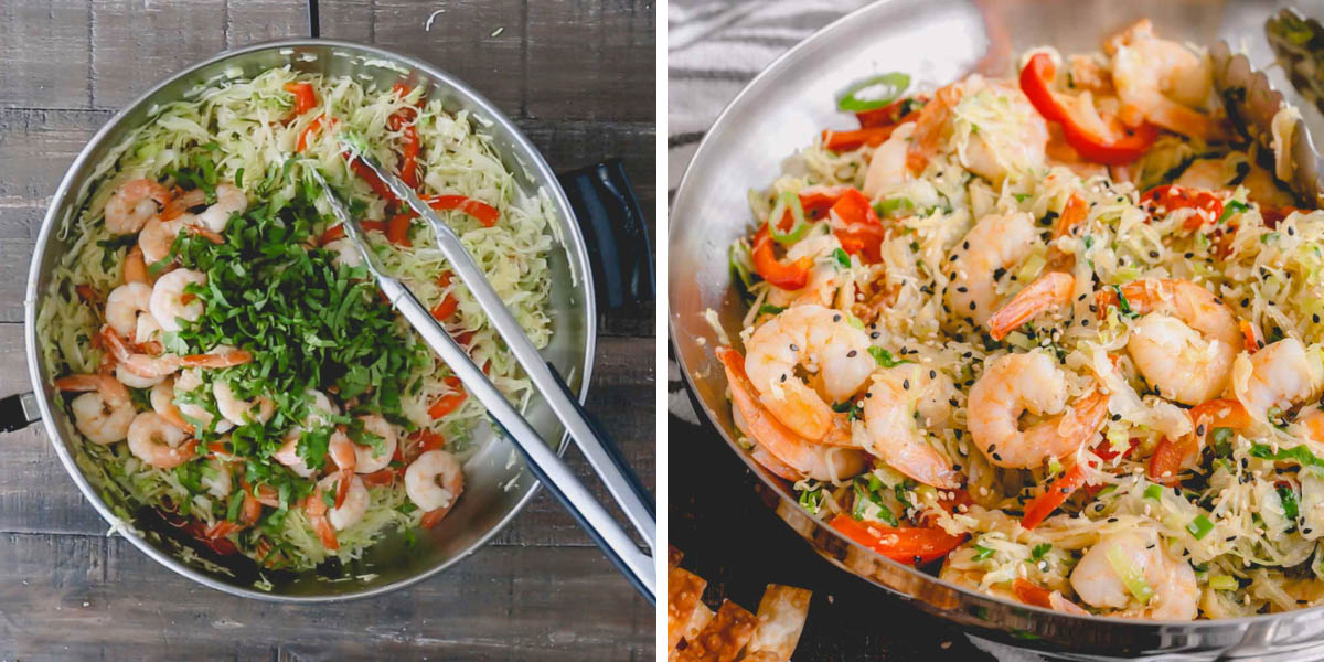 Side by side images of adding cilantro into the stir fry and cooked stir fry in a skillet.