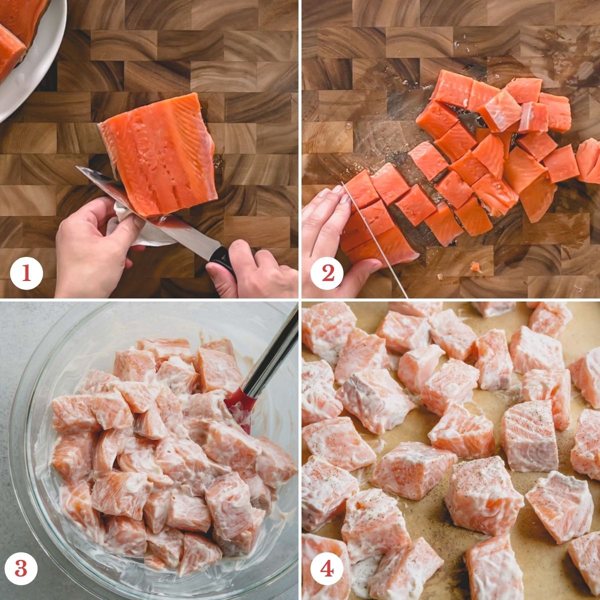 4 step by step photos of skinning and cubing salmon filet, and mixing it with mayo.