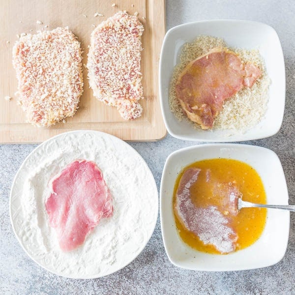 A dredging station for pork cutlets. 