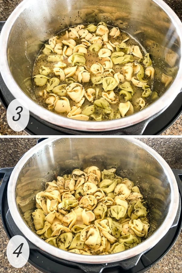 Uncooked and cooked Tuscan tortellini pasta in an Instant Pot. 