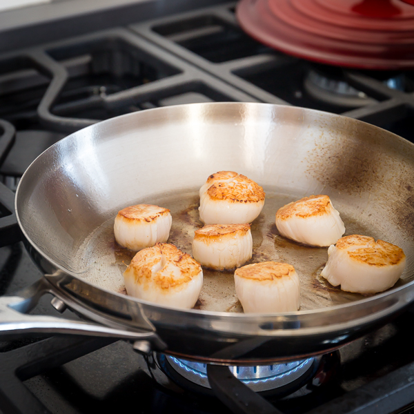 Scallops searing in a skillet. 