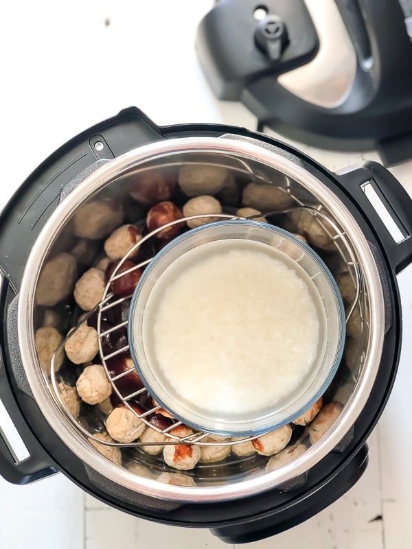 Rice, bbq sauce, and frozen meatballs in an Instant Pot. 