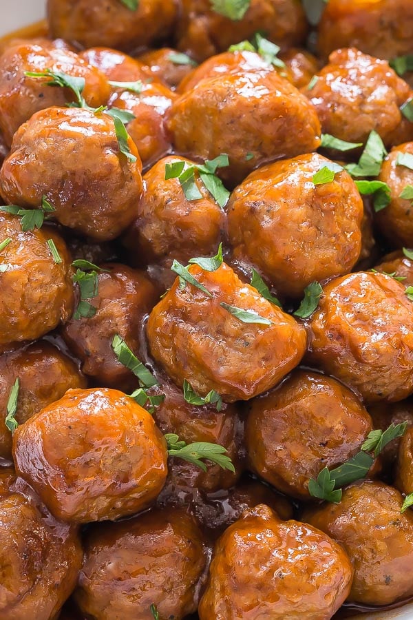 Close up image of Instant Pot beer BBQ meatballs. 