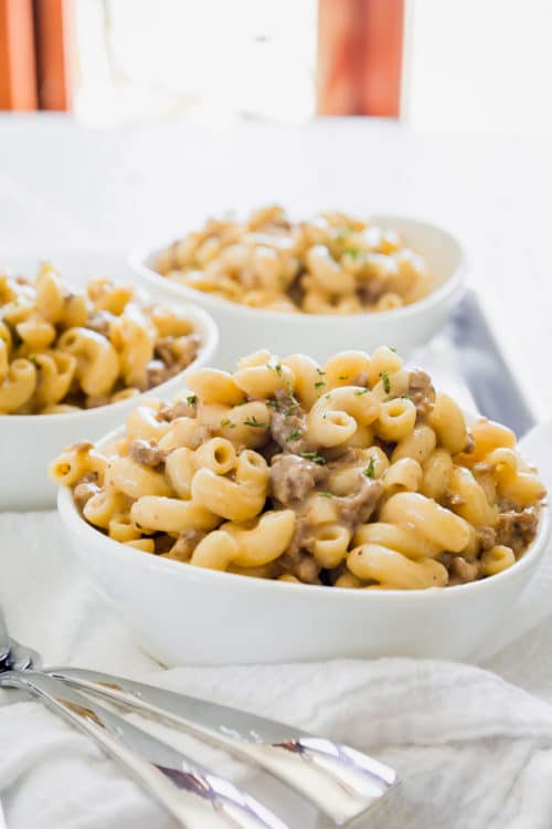 Simple pantry ingredients, one pot and only 30 minutes to make this cozy cheesy homemade hamburger helper from scratch.