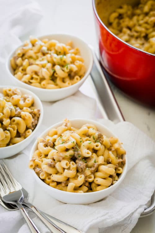 Simple pantry ingredients, one pot and only 30 minutes to make this cozy cheesy homemade hamburger helper from scratch.