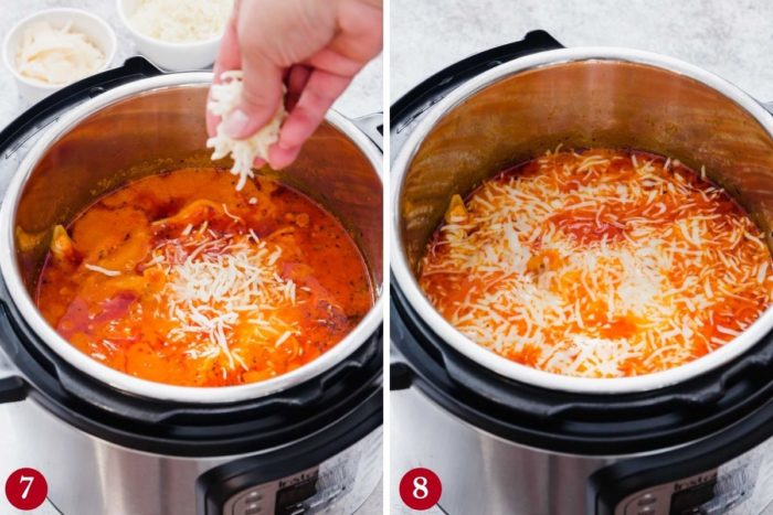 Step by step Instant Pot stuffed Shells adding cheese.