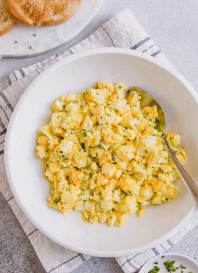 Instant Pot egg salad in a white plate.