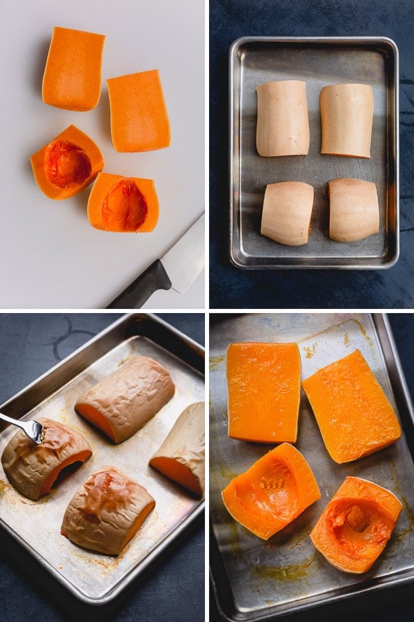 four images showing the process of roasting butternut squash halves. 
