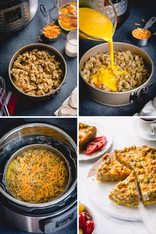 Got leftover stuffing? Repurpose it into this deliciously filling breakfast casserole, cooked in an Instant Pot. Simply add milk, eggs and cheese and you've got yourself really flavorful and easy breakfast! #leftoverstuffing #breakfastcasserole #InstantPotbreakfastcasserole #Instantpotrecipes