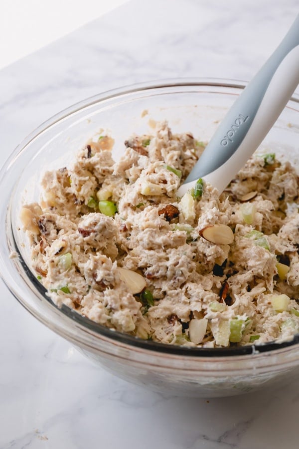 A bowl of leftover turkey salad. 
