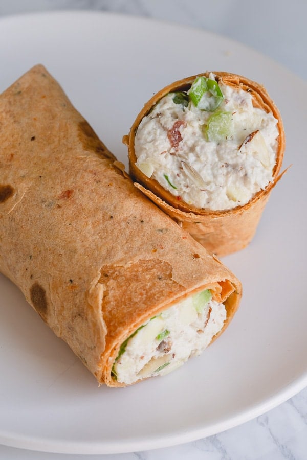 Leftover turkey salad in a tortilla wrap. 
