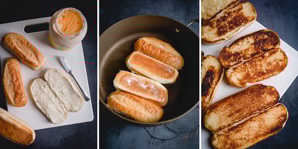 Three photos showing the process of how to toast a hoagie roll for a Philly cheesesteak. 