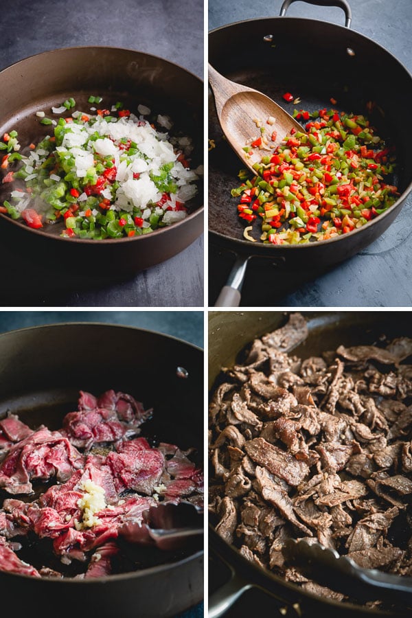 Onions and peppers cooking in a large skillet and then the shaved steak with garlic cooking with a wooden spoon for easy Philly cheesesteaks. 
