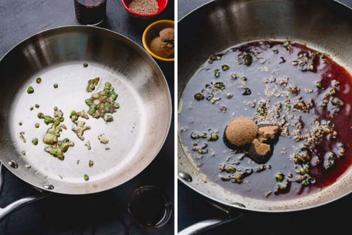 Side by side images of sauteed garlic in a skillet and soy sauce and brown sugar added into the skillet.