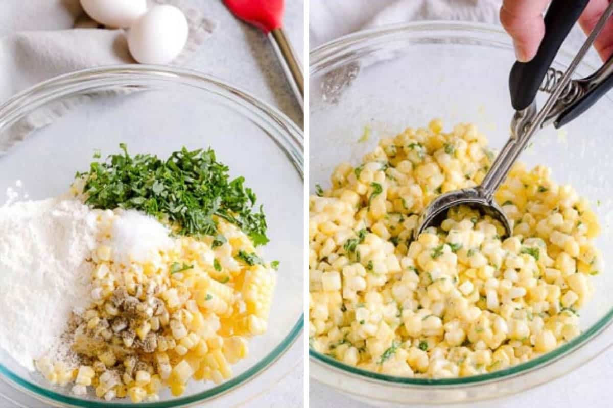 Side by side images of mixing corn fritter ingredients in a glass bowl and scooping the mixture with a cookie scoop.