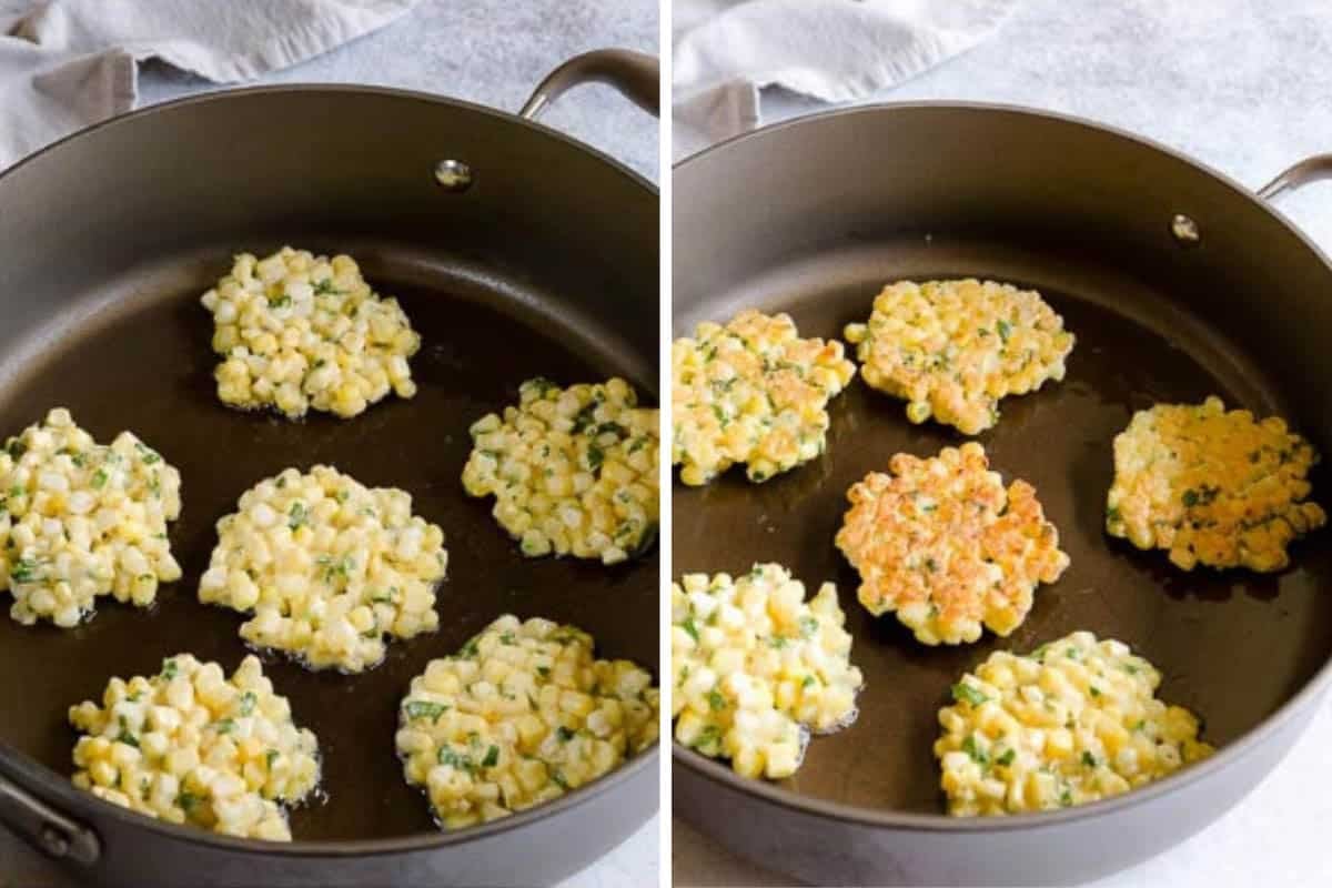Side-by-side images of cooking 6 corn fritters in a large frying pan.