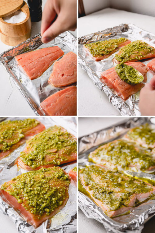 Step by step recipe for flavorful baked pesto salmon. Incredibly delicious, quick and easy weeknight dinner. #salmonrecipe