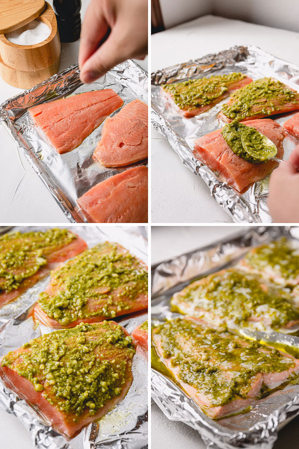 Step by step recipe for flavorful baked pesto salmon.