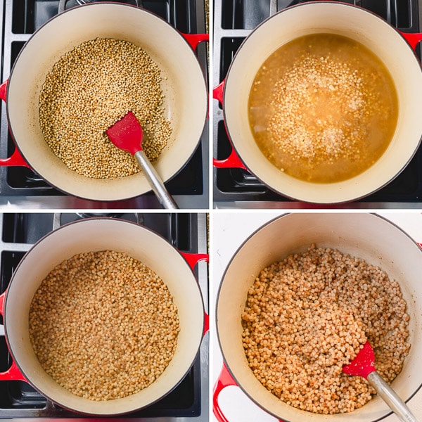 Four images showing the process of cooking pearl couscous in a pot on the stove. 