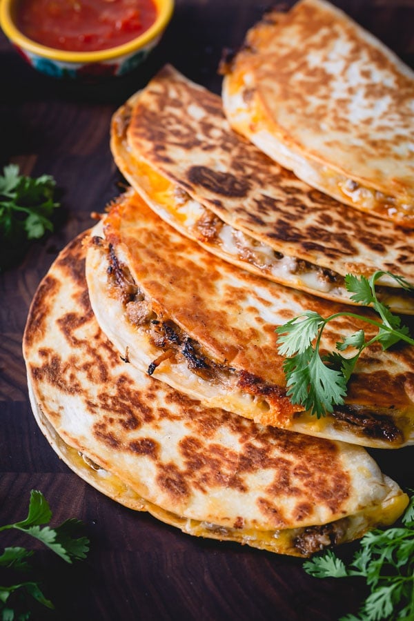 Four pulled pork quesadillas. 