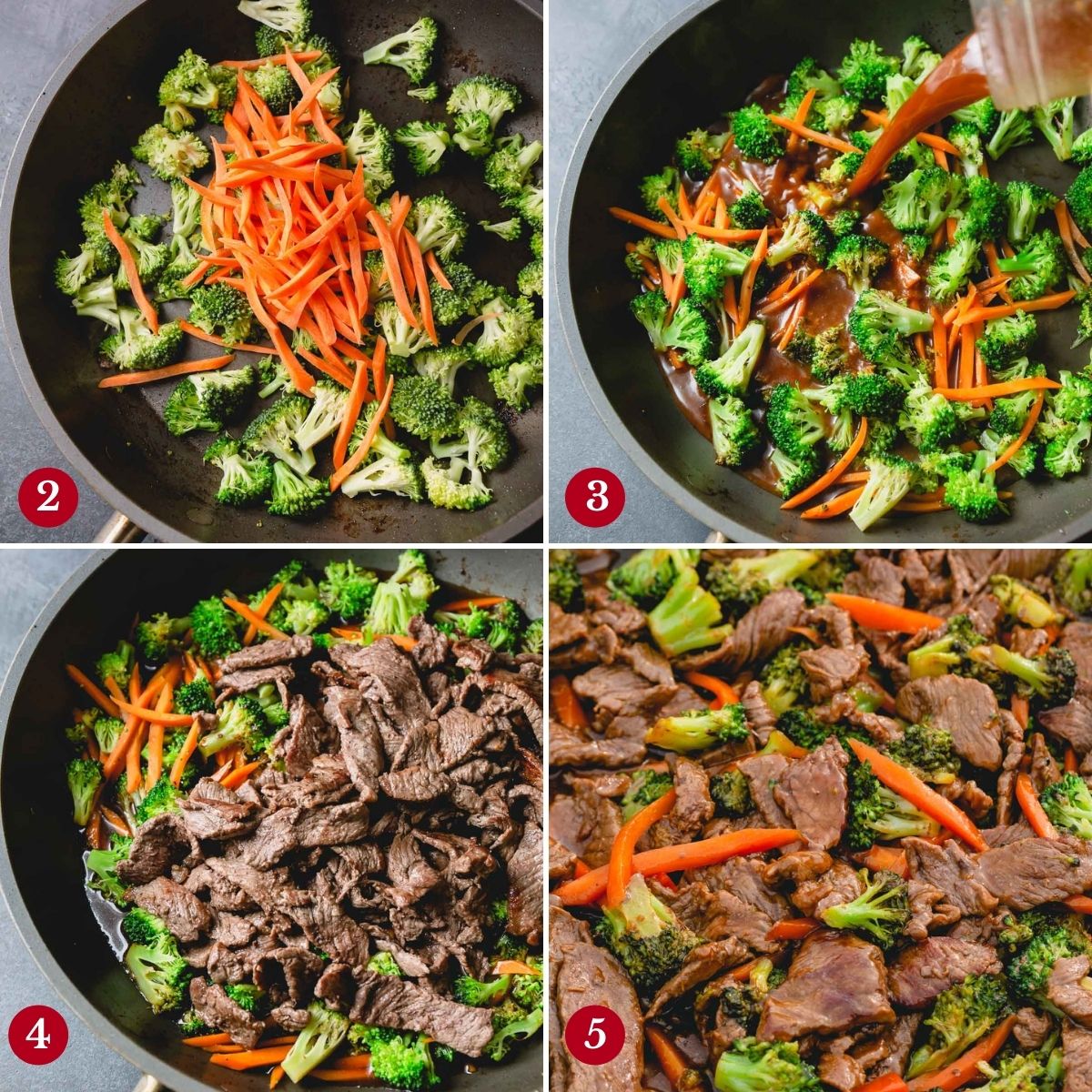 4 step by step photos of cooking the stir fry.