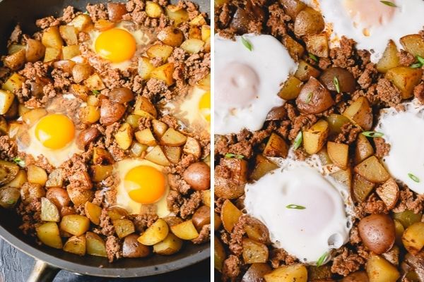 Side by side image of eggs added to ground beef potato hash.