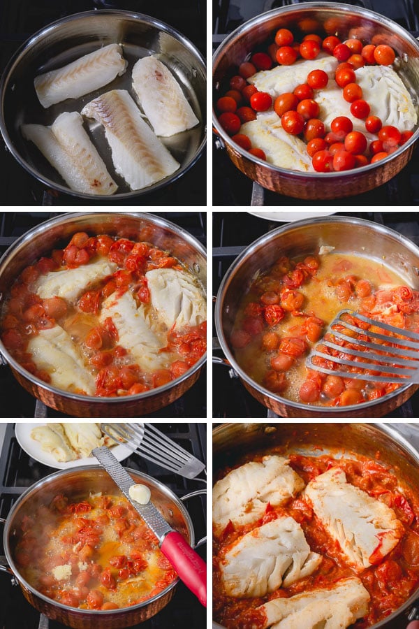 Six images showing the process of making pan-seared cod with cherry tomato sauce. 