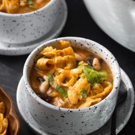 White chicken chili in a soup bowl.