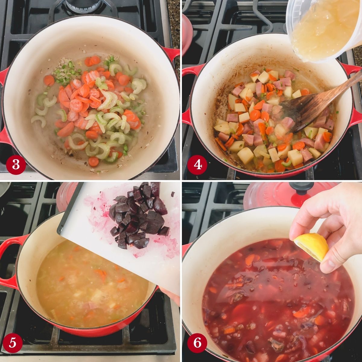 4 step by step photos of making the soup.