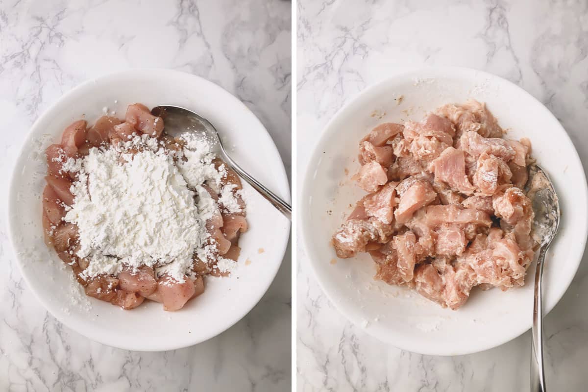Side by side images of cut up chicken pieces in a bowl with cornstarch mixed in.