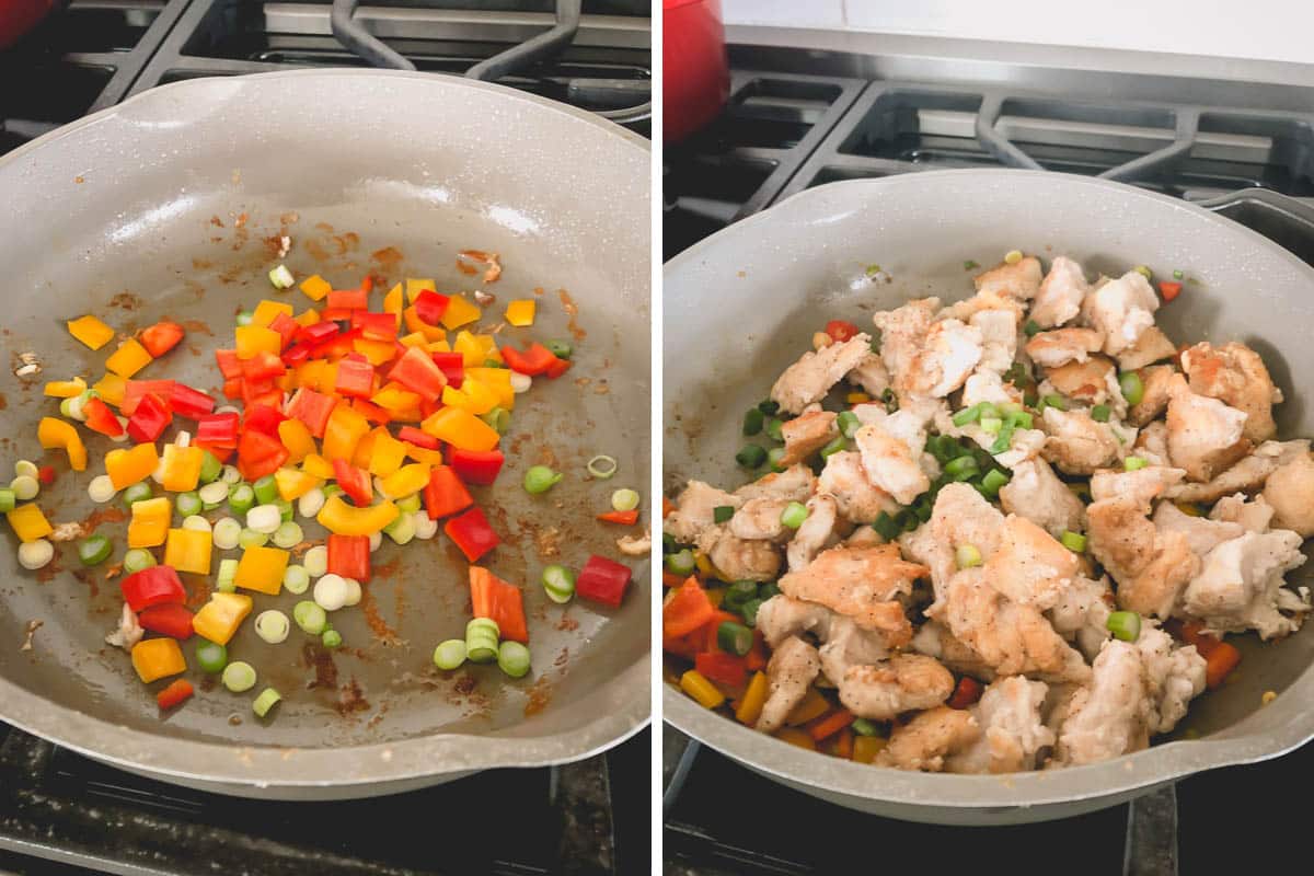 Side by side images of cooking bell peppers and green onion and then added chicken in a skillet.