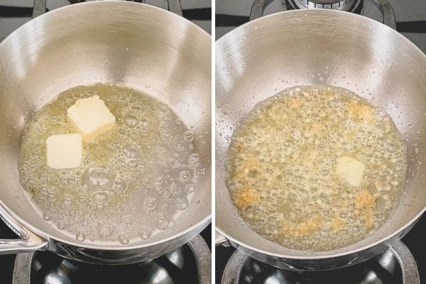 Step by step photo of melted butter and sauteéd minced garlic.