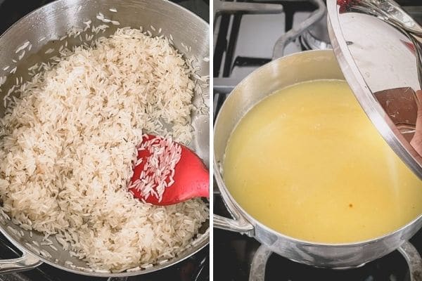 Step by step photos of sauteéd rice and then filled with stock.