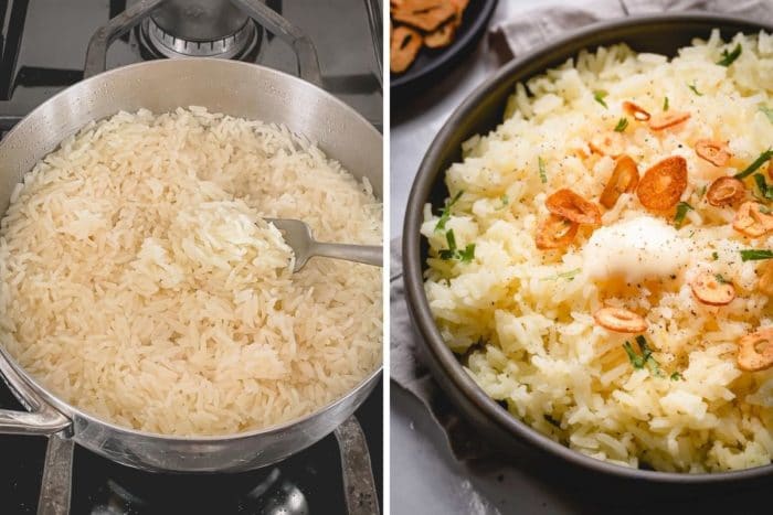Side by side photo of cooked rice in a saucepan and final butter garlic rice in a shallow bowl with garnishes.