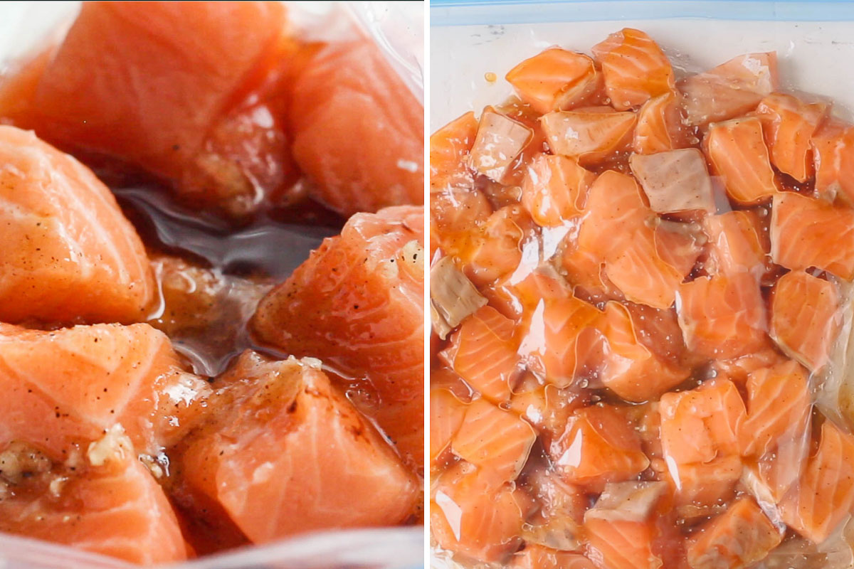 side by side image of salmon cubes in a ziplock bag with marinade.