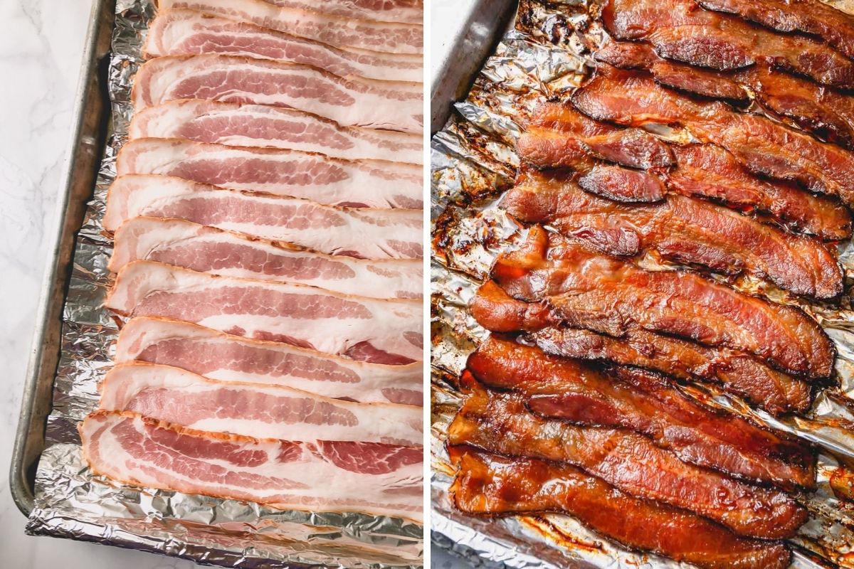 Side by side image of raw and baked bacon on baking sheet lined with foil.