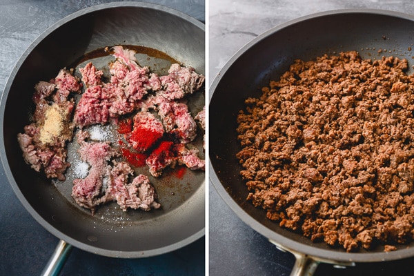 Side by side image of raw and cooked ground beef with seasonings in a skillet.