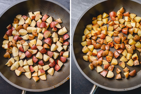 Side by side image of raw and cooked diced potatoes in a skillet.