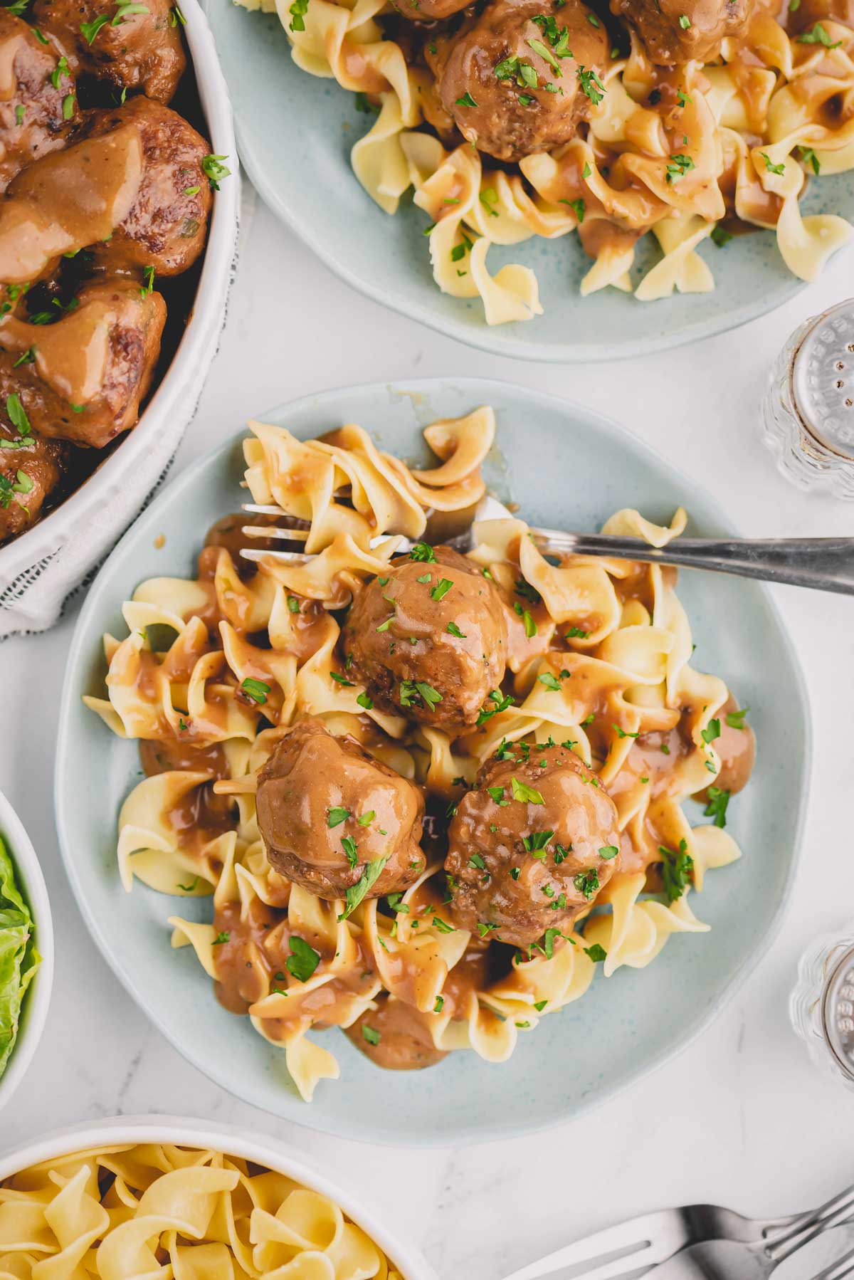 Swedish meatballs over a bed of noodles.