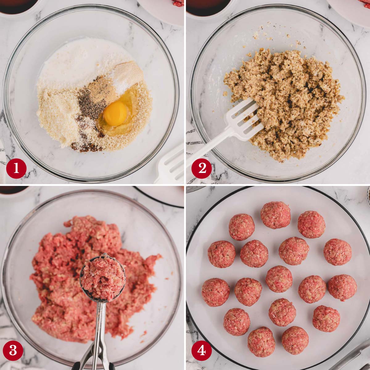 Step by step images of making beef meatballs.