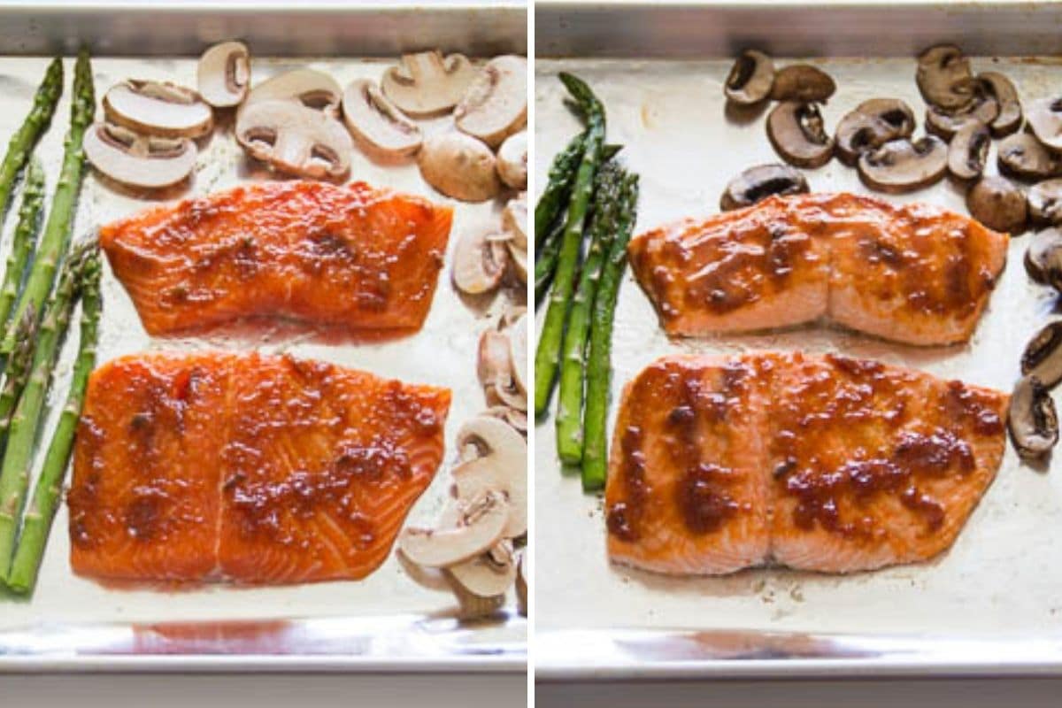 Side by side image of raw and cooked salmon smeared with jam along with asparagus and mushrooms on a sheet pan.