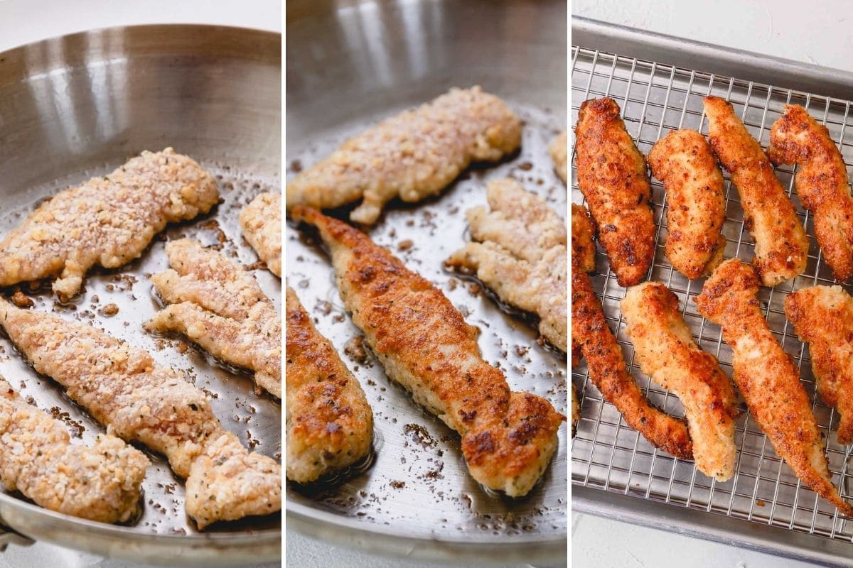 Step by step on how to fry chicken tenders.