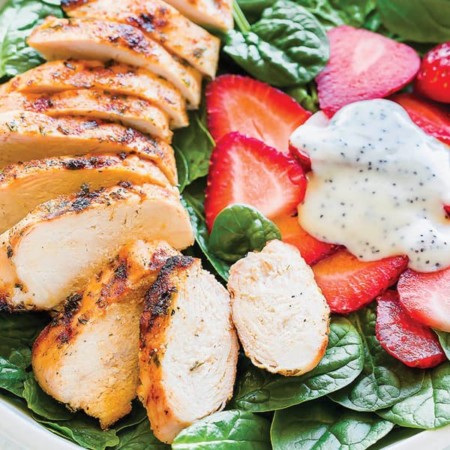 Strawberry Spinach Salad with Grilled Chicken and Poppy Seed Dressing.