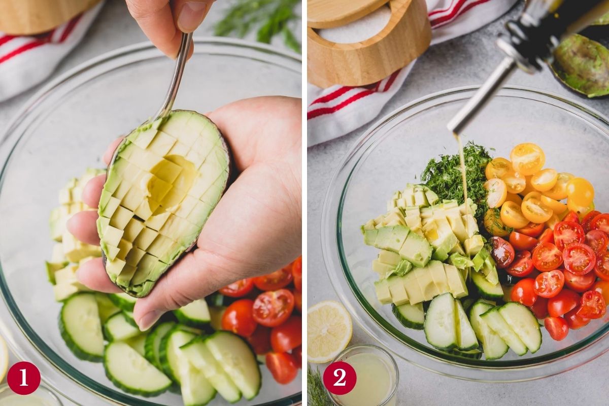 Side by side photos of cutting avocado and mixing the cucumber salad.