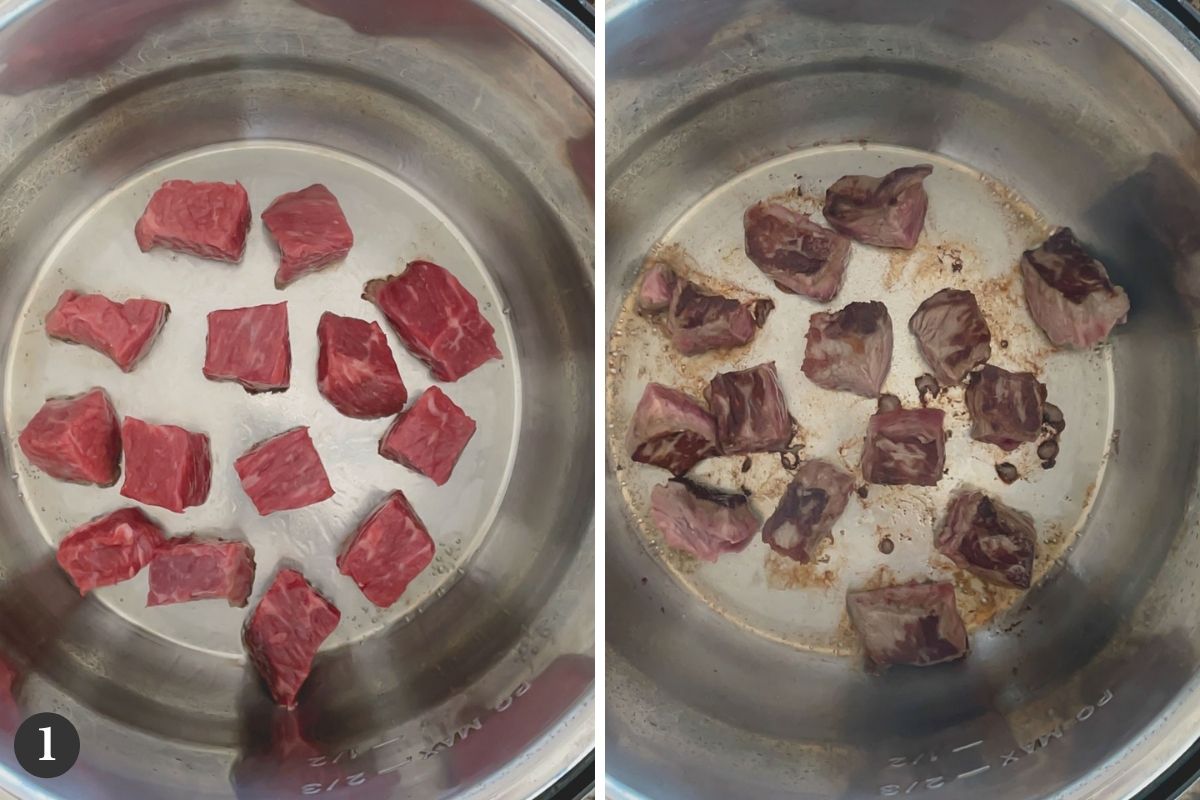 Side by side image of browning stew meat in an Instant Pot.